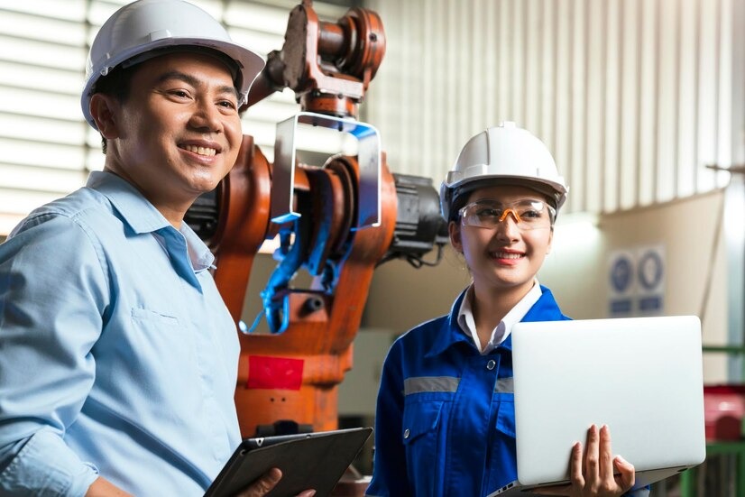 engineer cooperation two asian male female technician maintenance inspect relay robot system with tablet laptop control quality operate process work heavy industry 40 manufacturing factory 609648 106